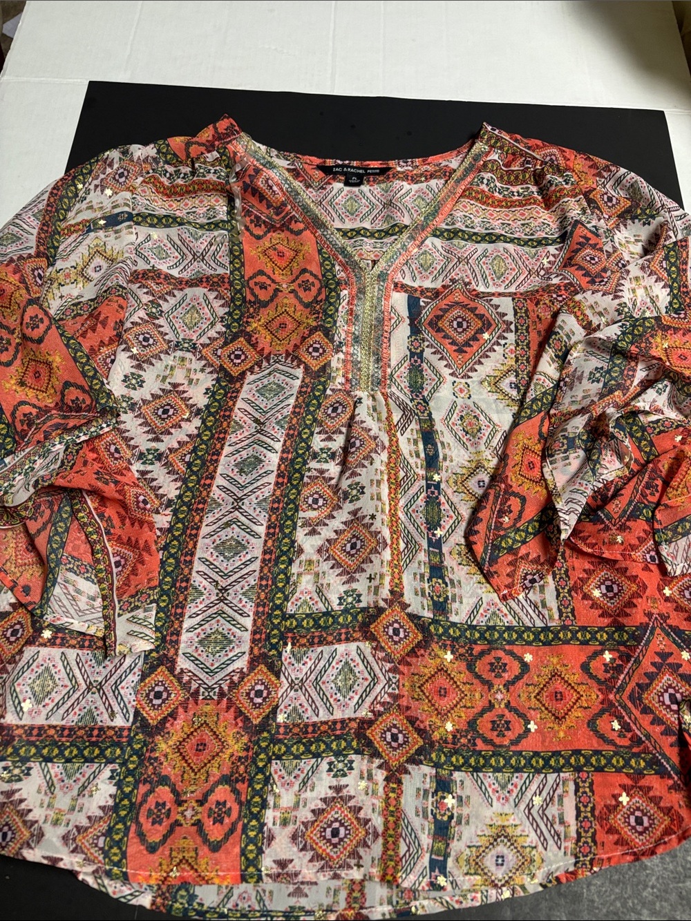 Zac & Rachel Orange Multi Boho V-Neck Blouse